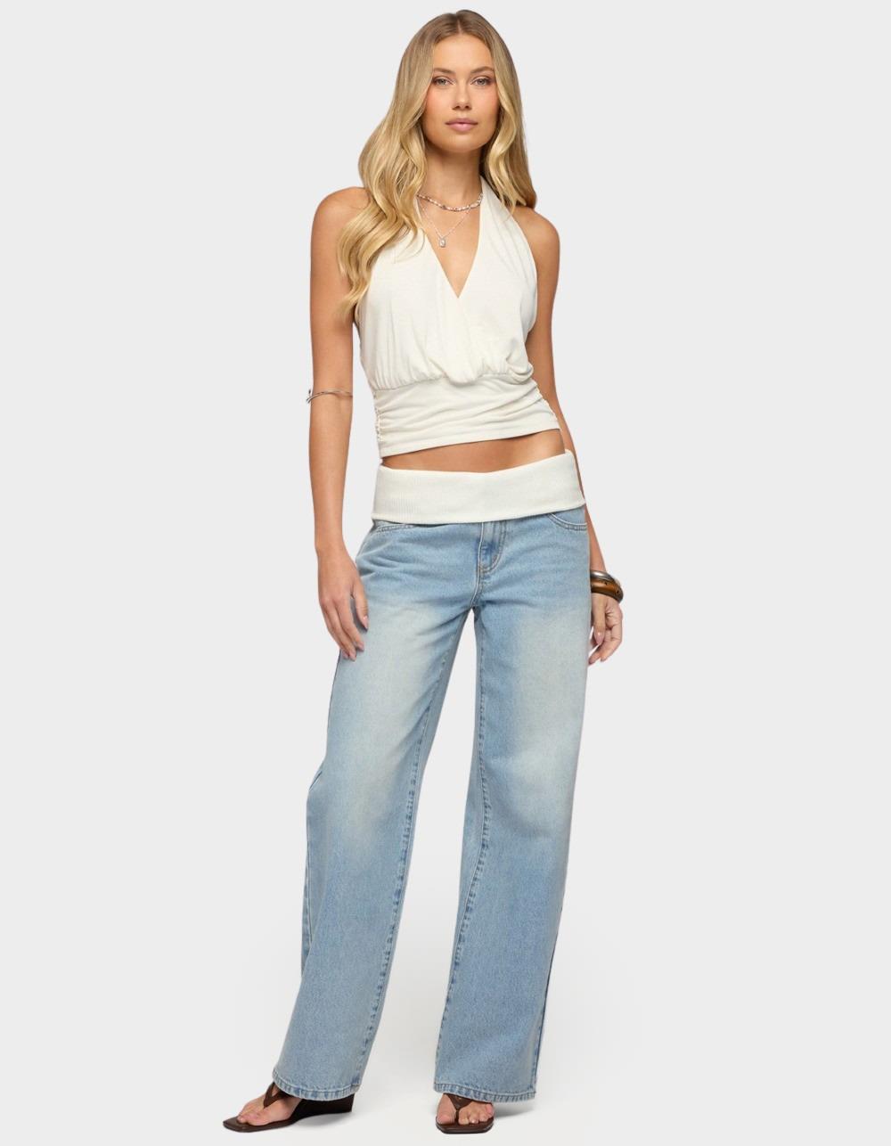 EDIKTED Knit Foldover Low Rise Baggy Jeans - LIGHT BLUE