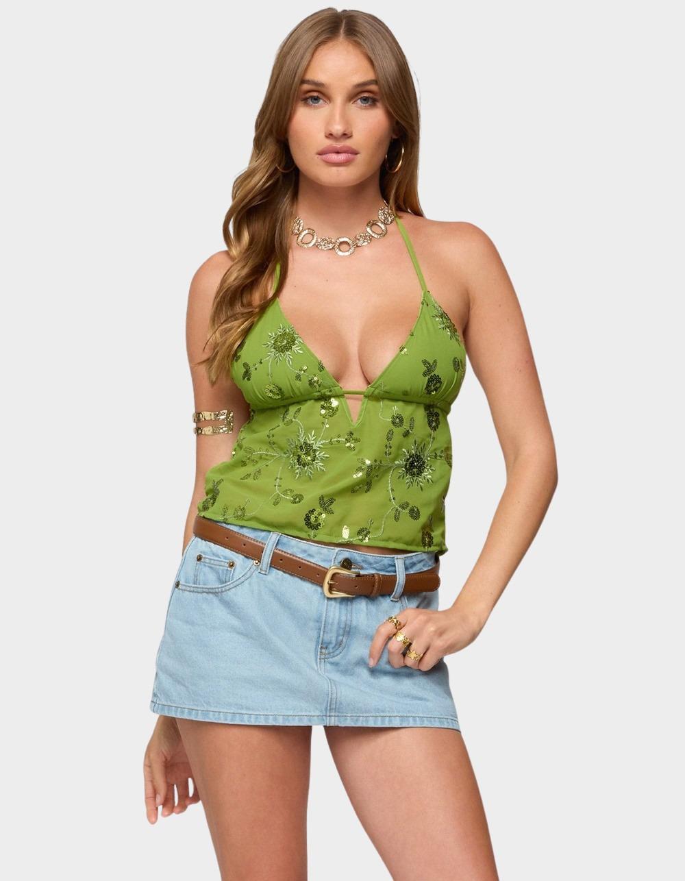 EDIKTED Kiki Sequin Floral Chiffon Halter Top - GREEN