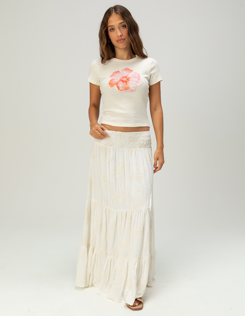 FULL TILT Flower Beaded Baby Tee - CREAM