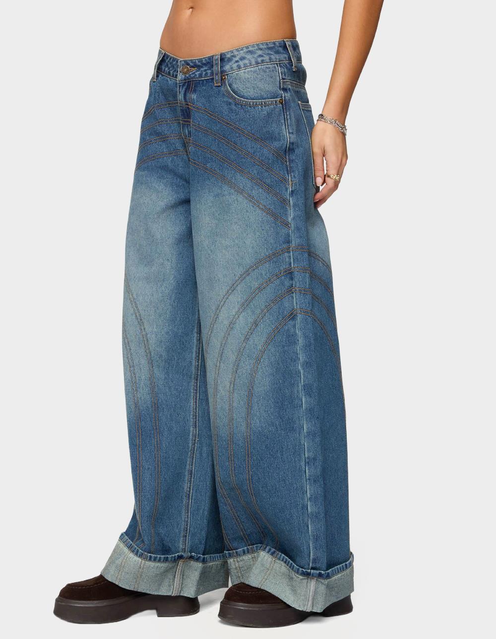 EDIKTED Cuffed Low Rise Baggy Jeans - LIGHT BLUE