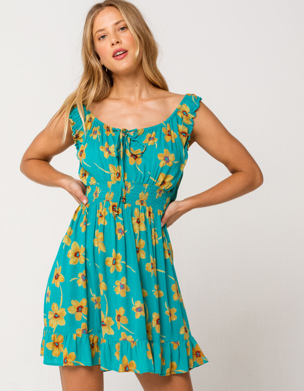 ANGIE Floral Peasant Ruffle Dress - TEAL BLUE | Tillys