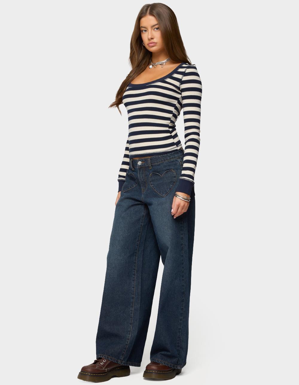 EDIKTED Rainey Striped Long Sleeve Top - NAVY