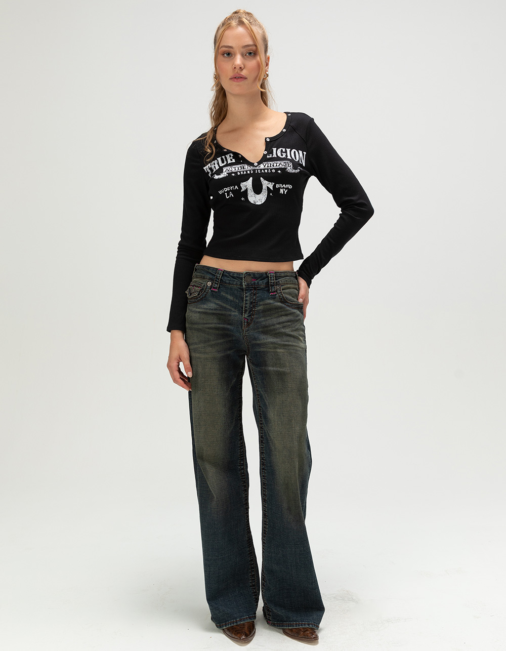 TRUE RELIGION Bobbi Big T Womens Baggy Jeans - MEDIUM WASH