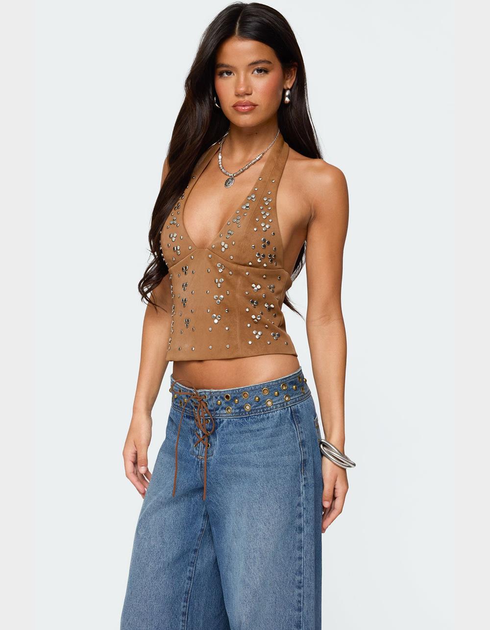 EDIKTED Xaria Studded Faux Suede Halter Top - BROWN