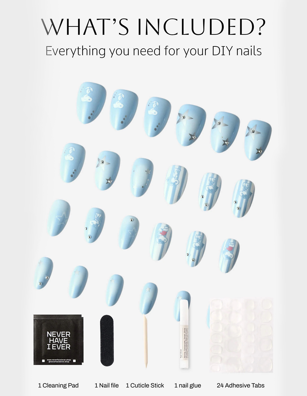 NEVER HAVE I EVER Stripes N Snoopy Short Almond Press-On Nails - BLUE