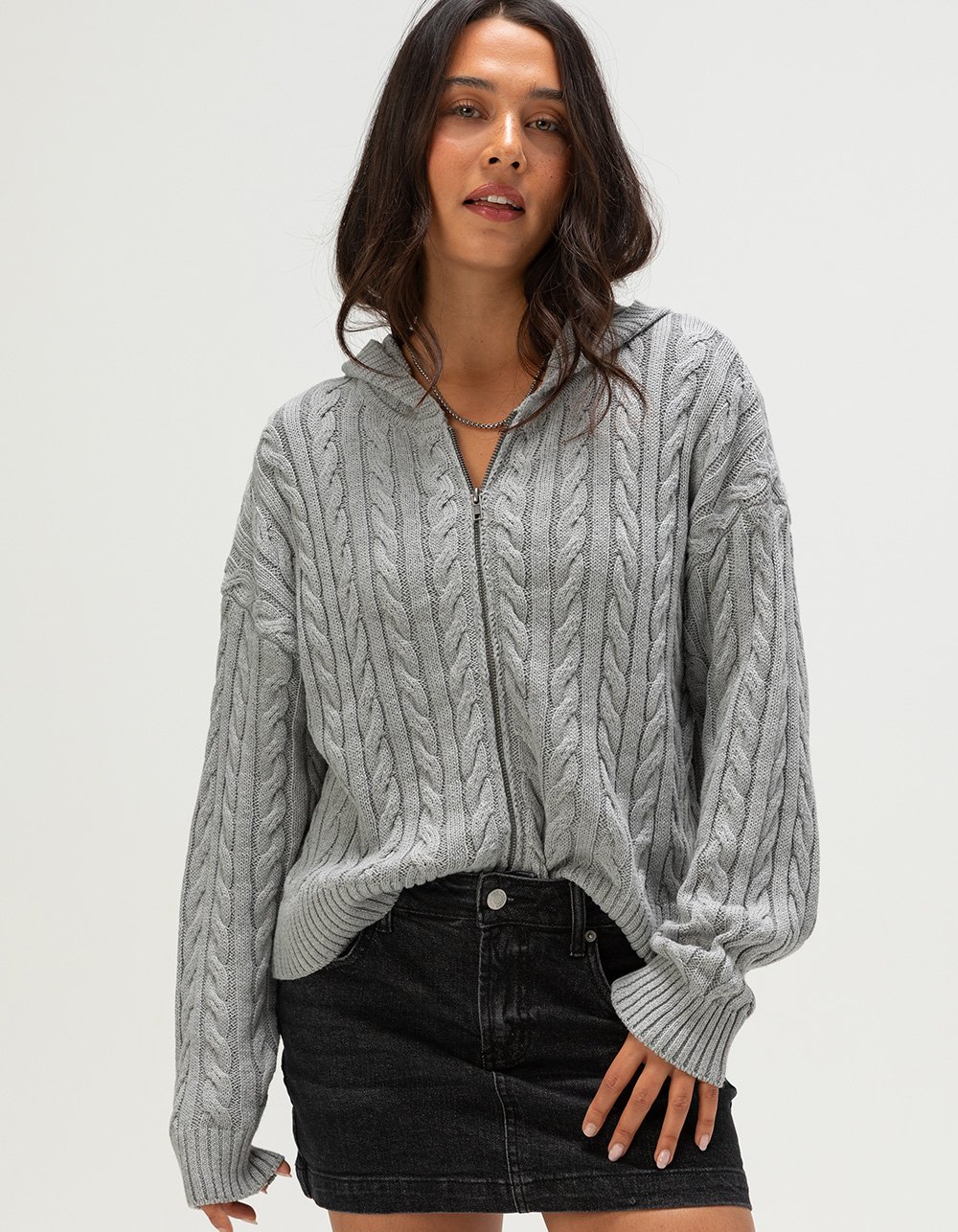 RSQ Womens Cable Knit Zip-Up Sweater - HEATHER GRAY