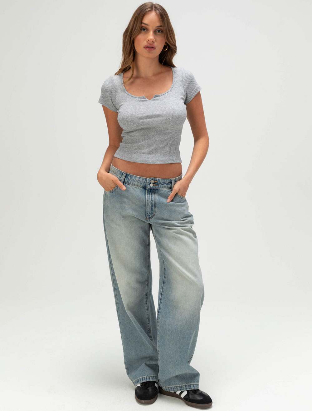 HEART & HIPS Notch Neck Womens Tee - HEATHER GRAY