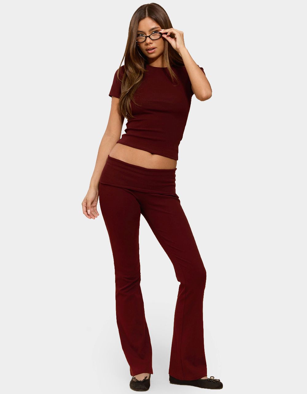 EDIKTED Ivanne Foldover Flared Pants - DK RED