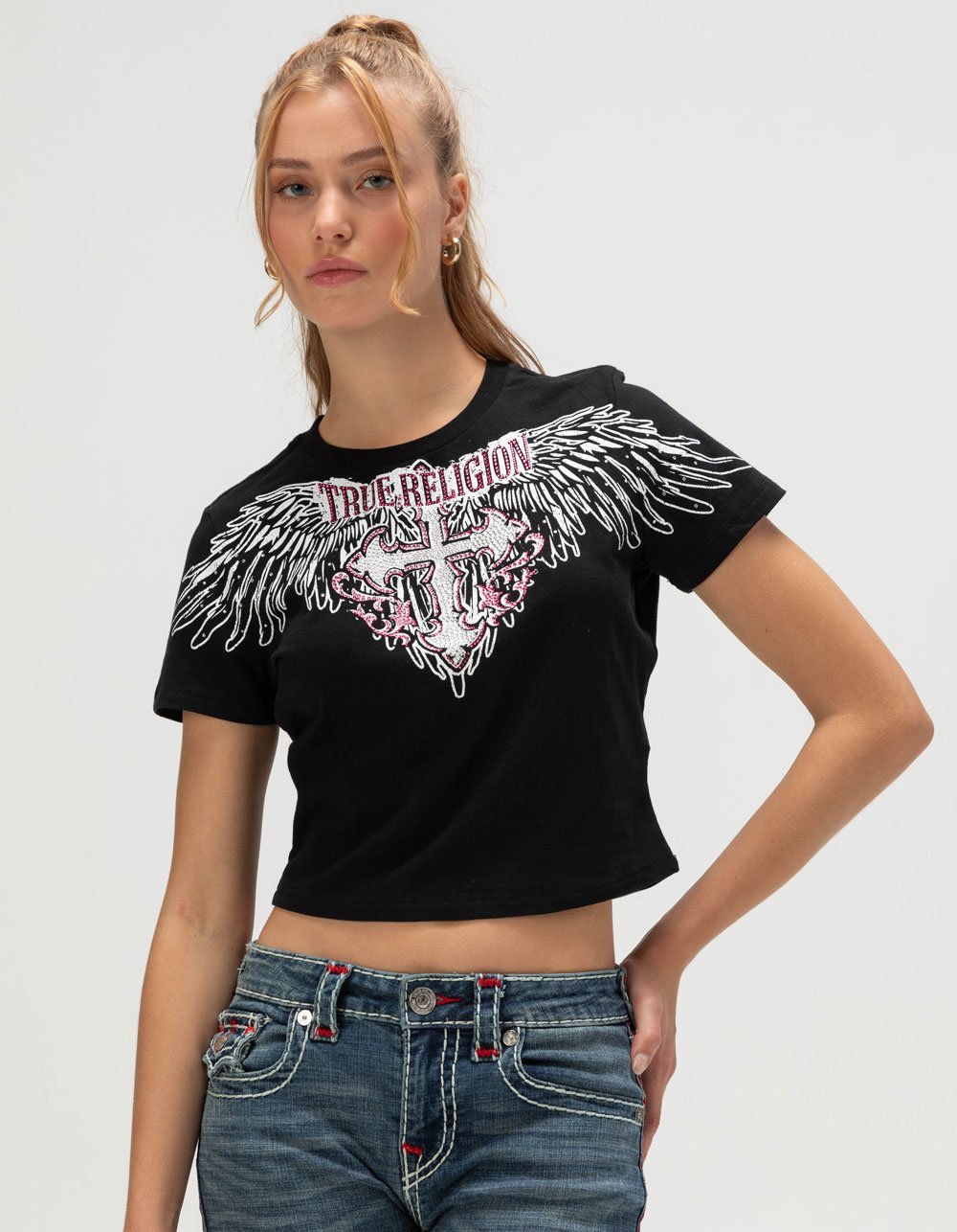 TRUE RELIGION Crystal Wing Womens Baby Tee - BLACK