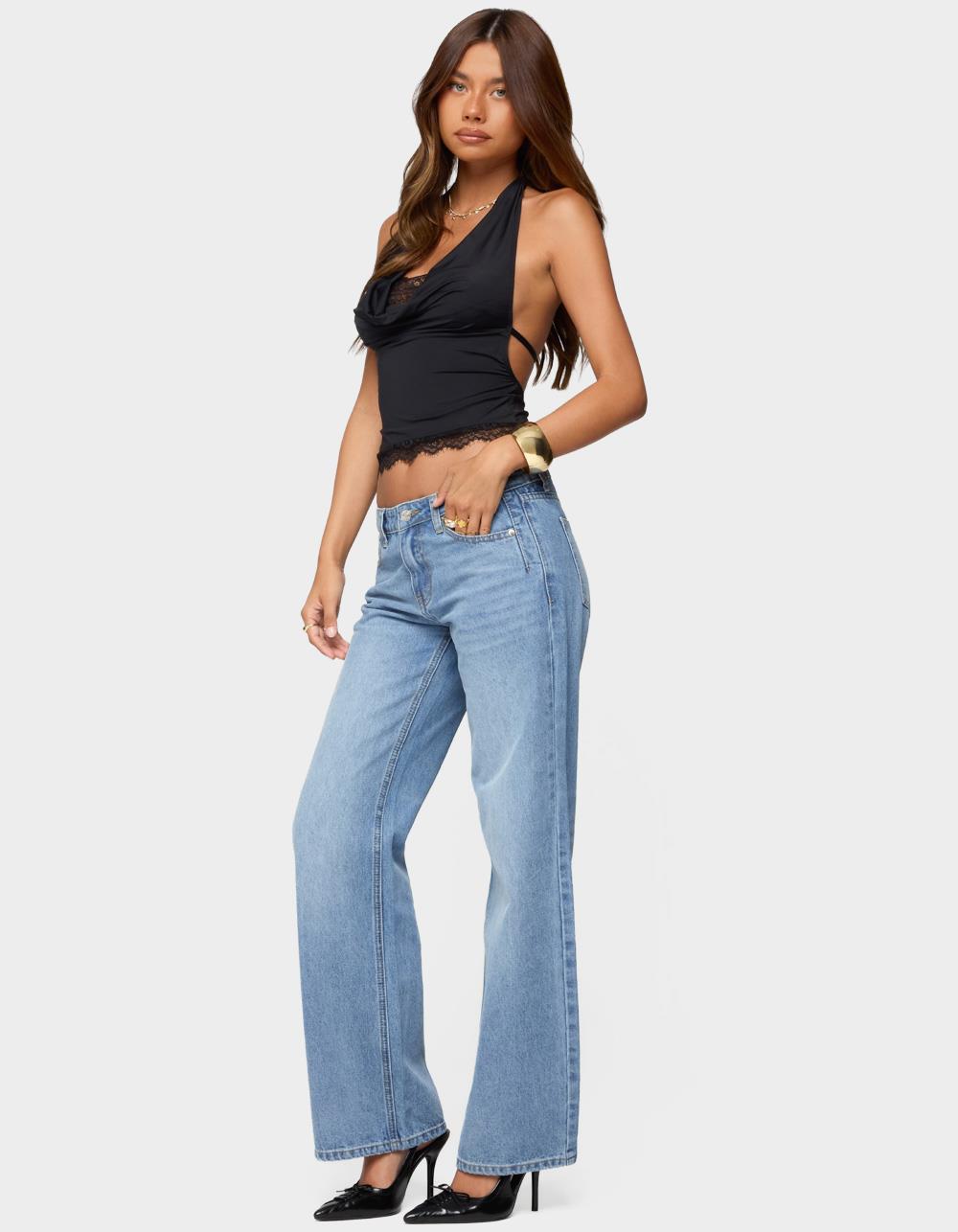 EDIKTED Holly Straight Leg Mid Rise Jeans - LIGHT BLUE