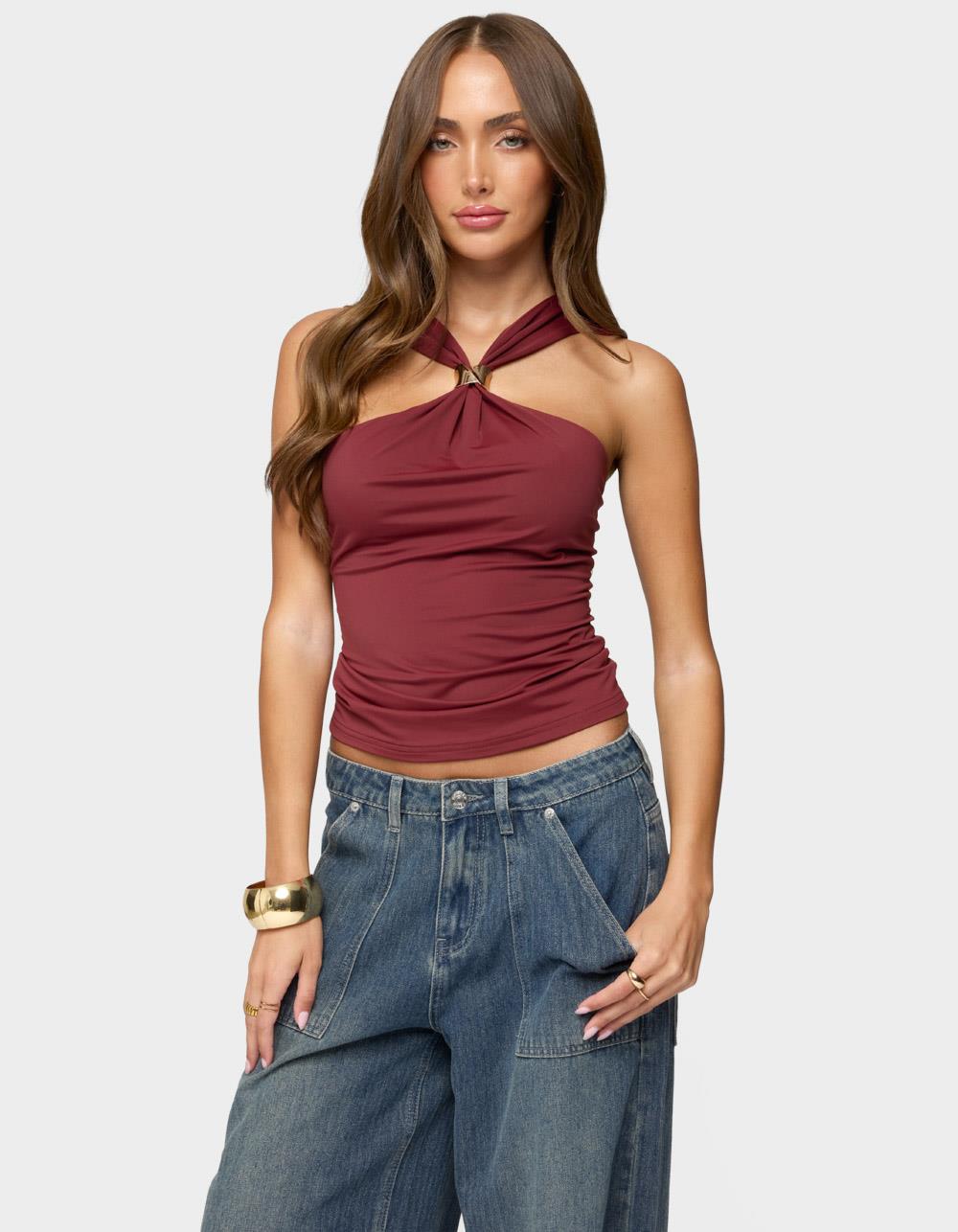 EDIKTED Cielle Wide Strap Gathered Top - DK RED