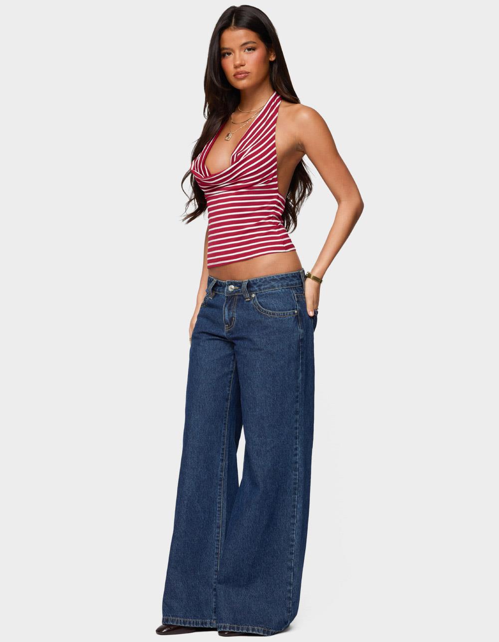 EDIKTED Striped Cowl Neck Halter Top - RED