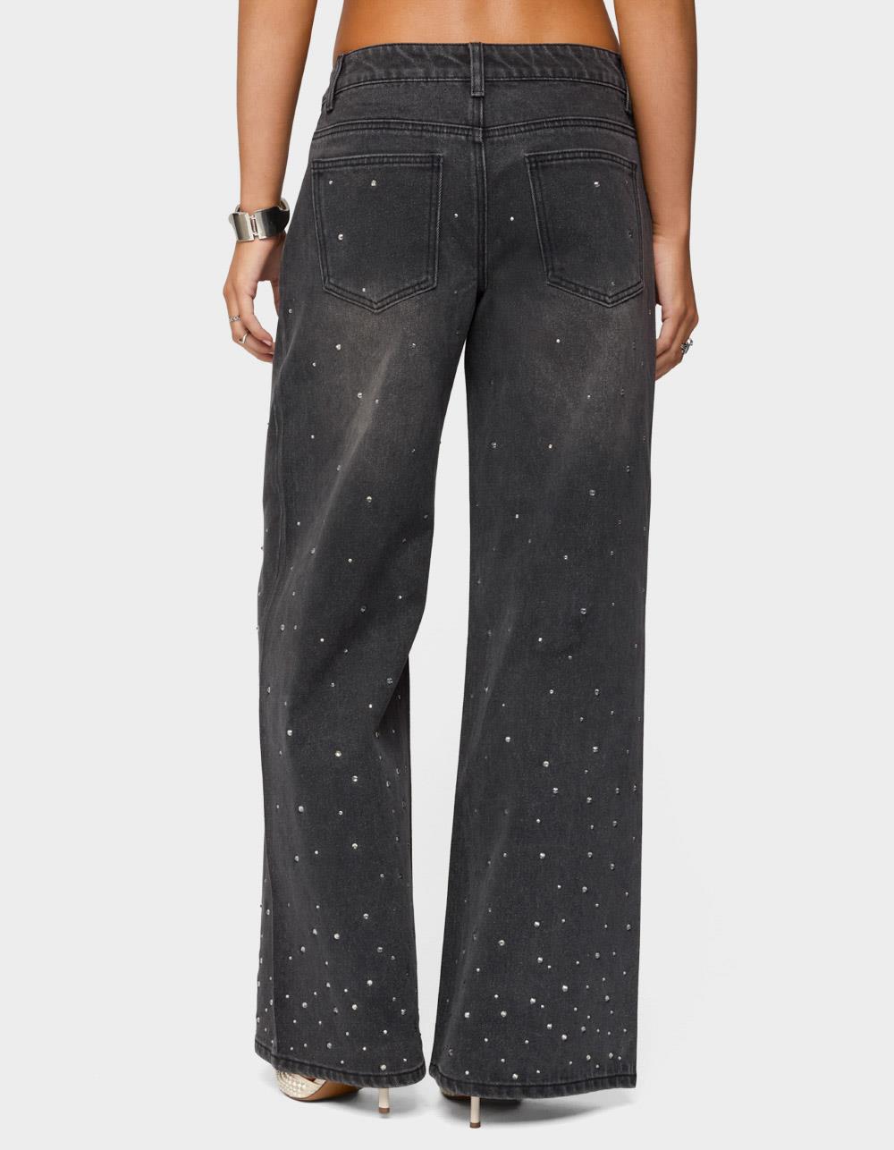 EDIKTED Rhinestone Washed Low Rise Baggy Jeans - BLACK