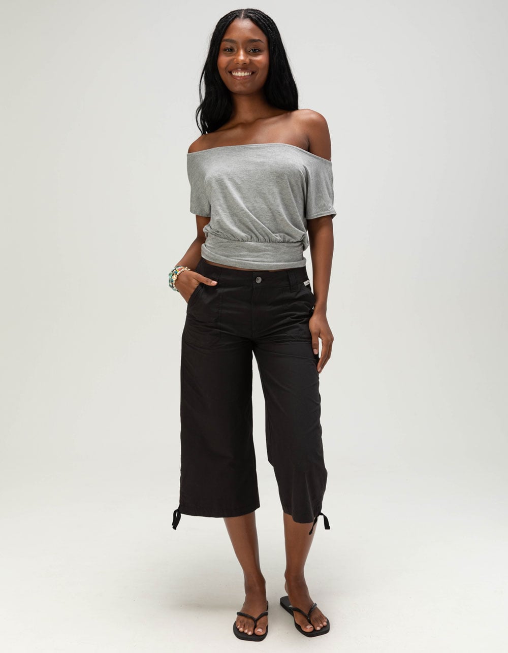 FULL TILT Womens Off The Shoulder Banded Bottom Top - HEATHER GRAY