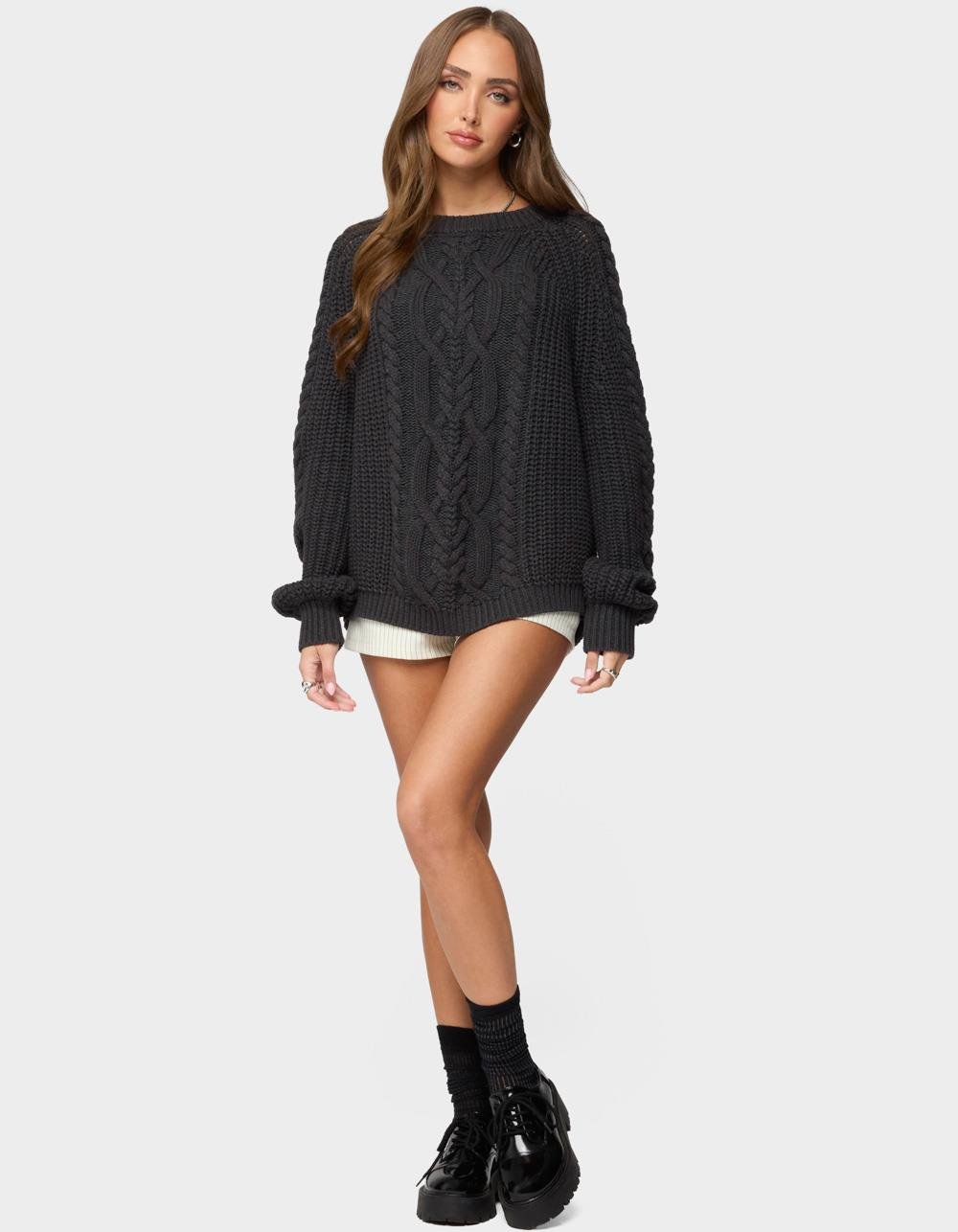 EDIKTED Lira Chunky Cable Knit Sweater - DARK GRAY