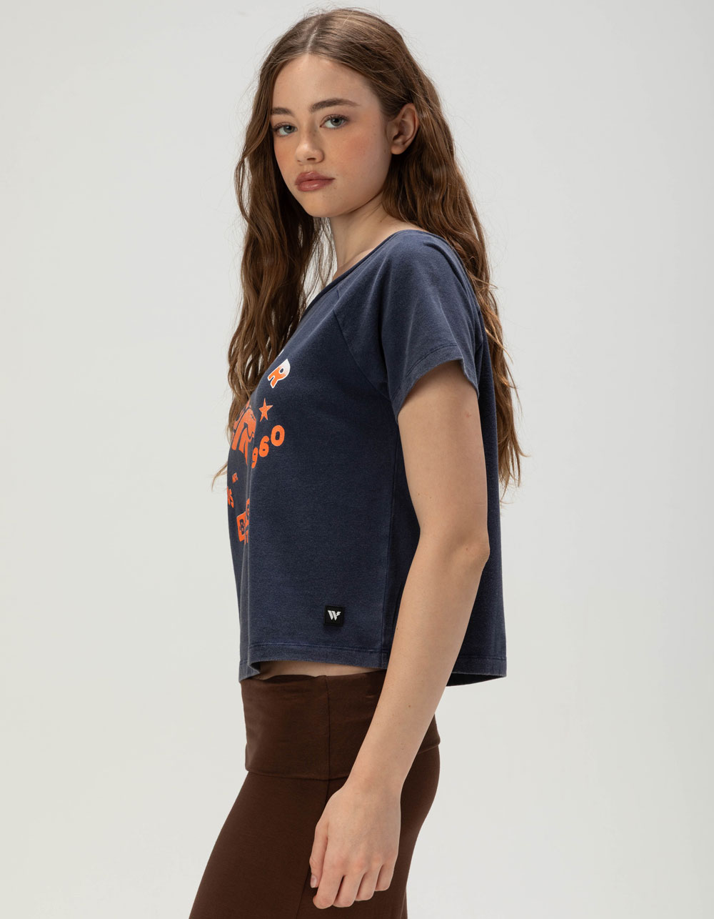 The WILD COLLECTIVE Denver Broncos Womens Off Shoulder Tee - BLUE