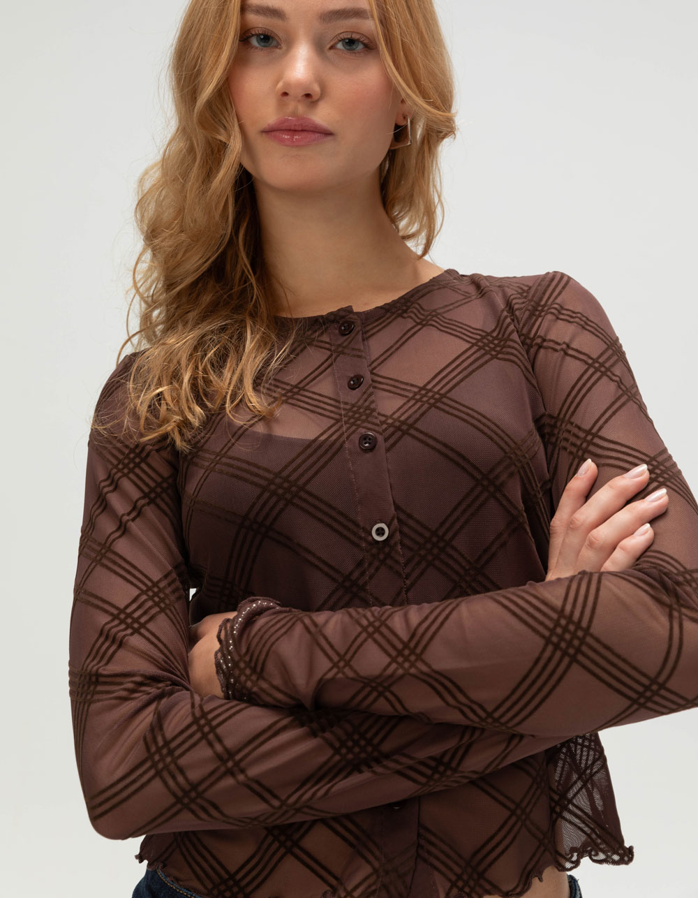 RSQ Womens Plaid Mesh Button Front Long Sleeve Top