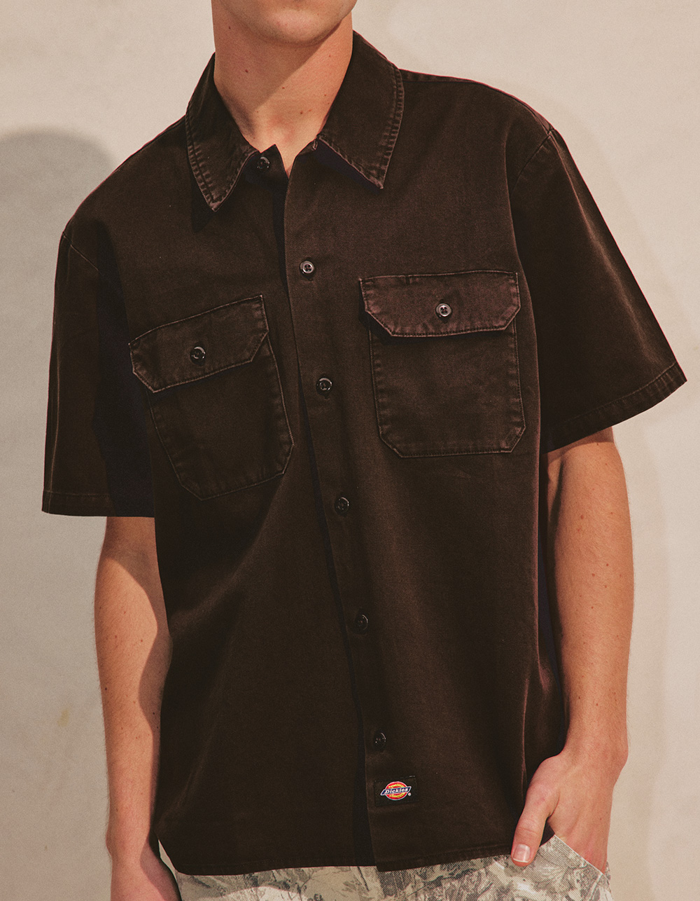 DICKIES Worn Mens Work Shirt - BROWN