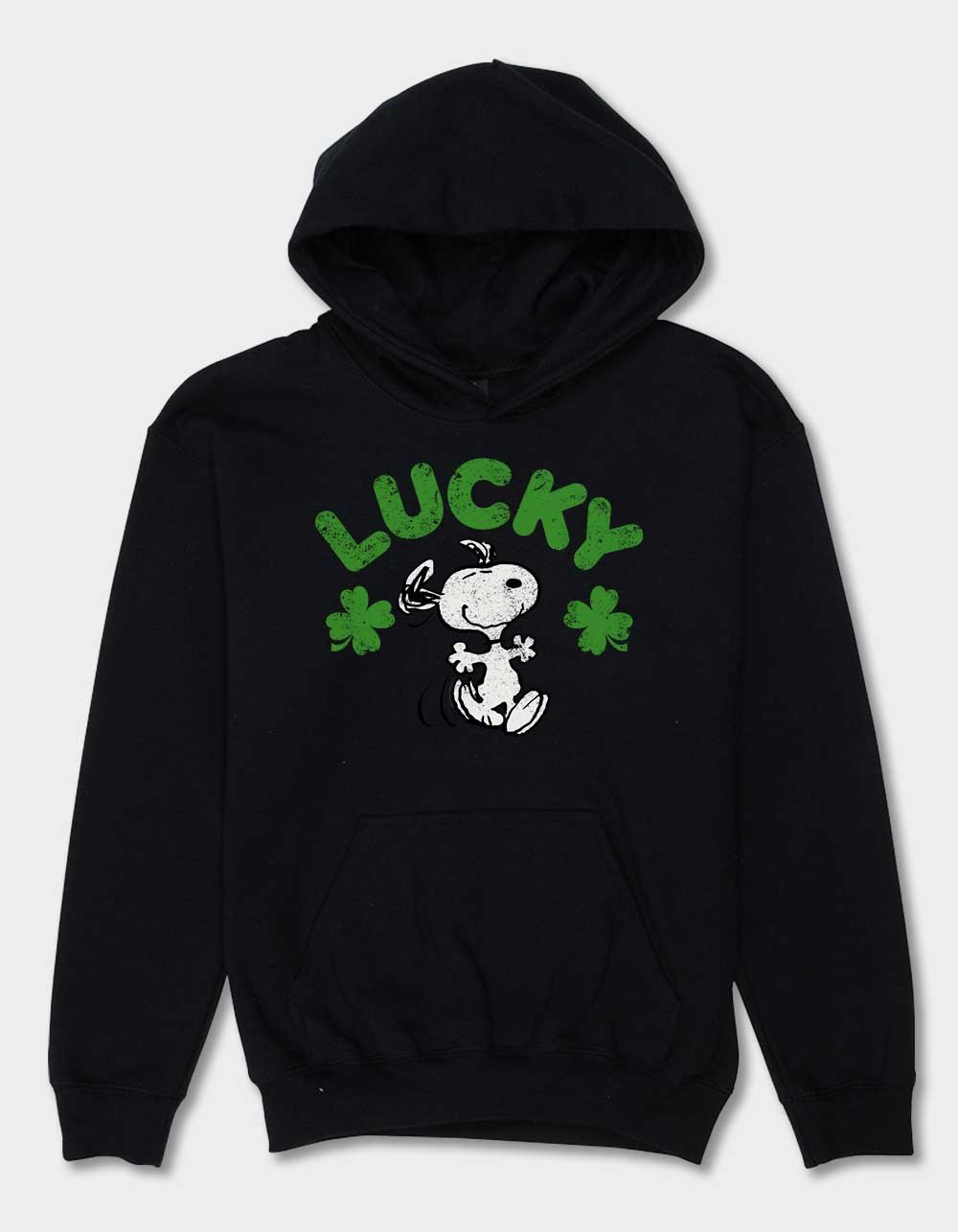 PEANUTS Lucky Shamrock Distressed Unisex Kids Hoodie - BLACK