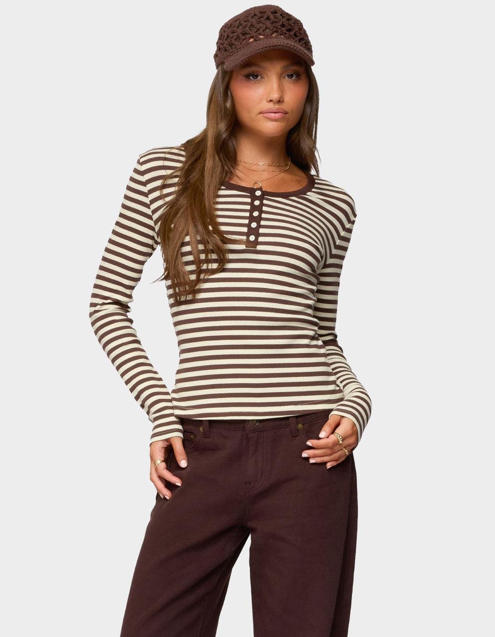 EDIKTED Roma Striped Henley Top - BROWN