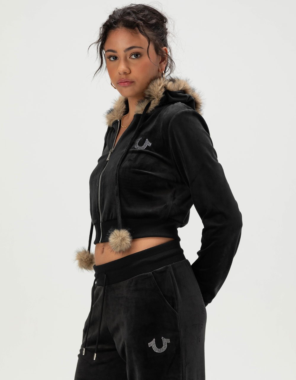 TRUE RELIGION Velour Faux Fur Womens Shrunken Zip-Up Hoodie - BLACK