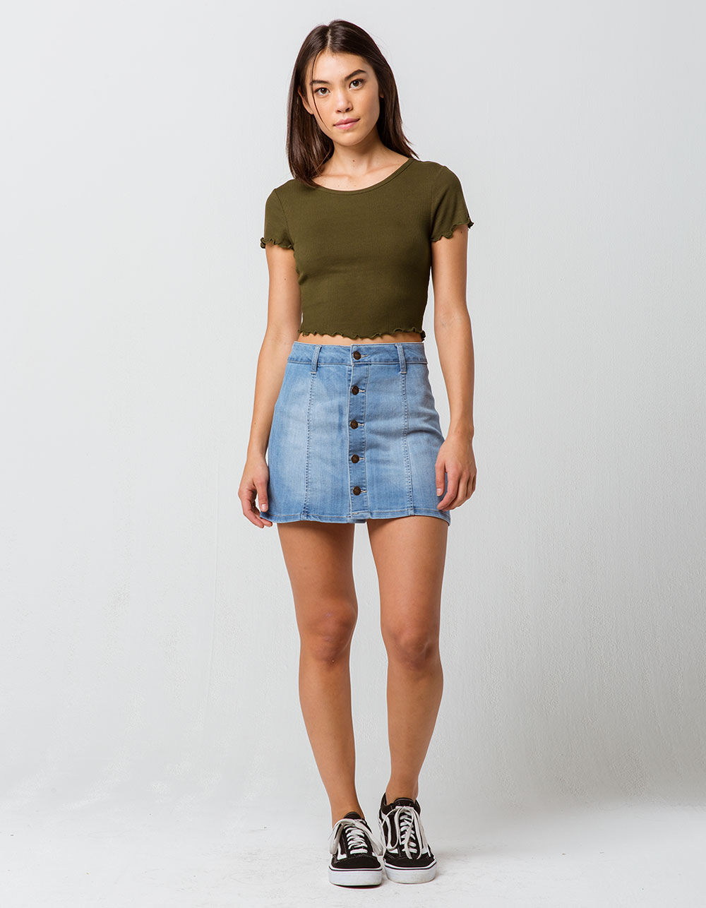 BOZZOLO Ribbed Lettuce Edge Olive Womens Crop Tee image number 3