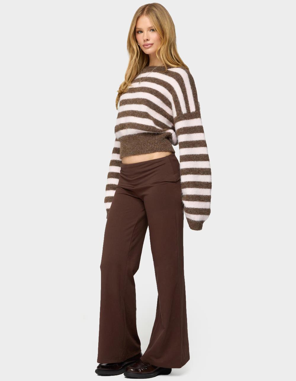 EDIKTED Petite Wide Leg Fold Over Pants - BROWN
