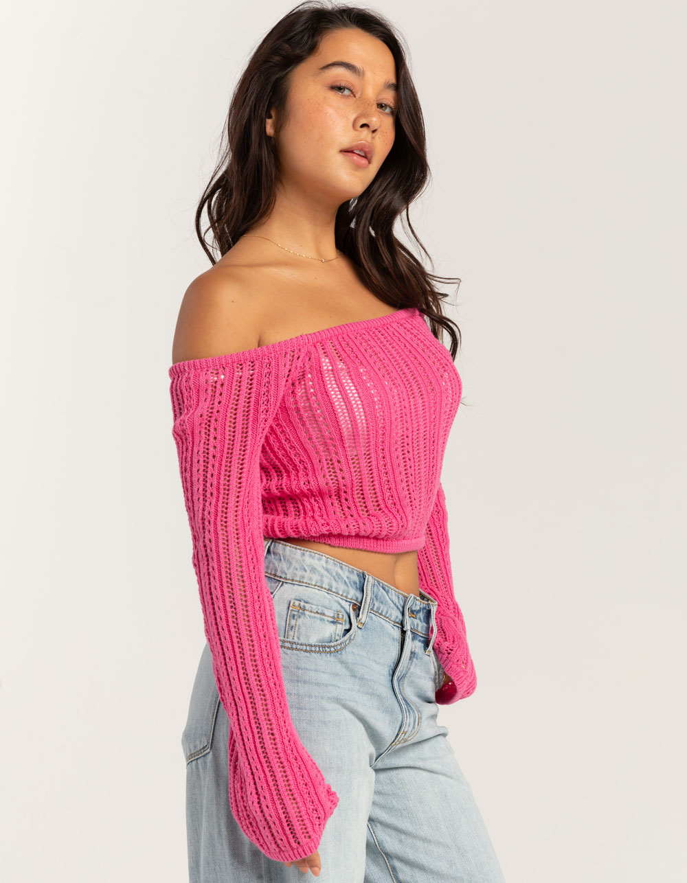RSQ Womens Linear Stitch Off The Shoulder Sweater - PINK