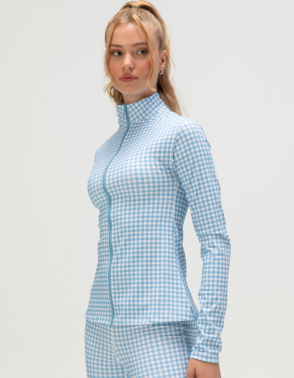 HAPPY CAMP3R Harper Sky Blue Gingham Womens Zip-Up Active Top - BLUE/WHT