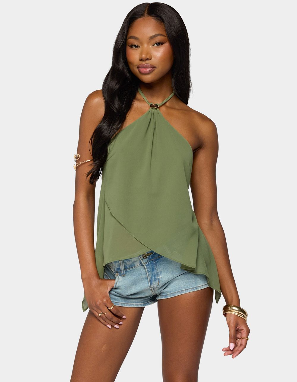 EDIKTED Chiffon Split Open Back Halter Top - DK GREEN