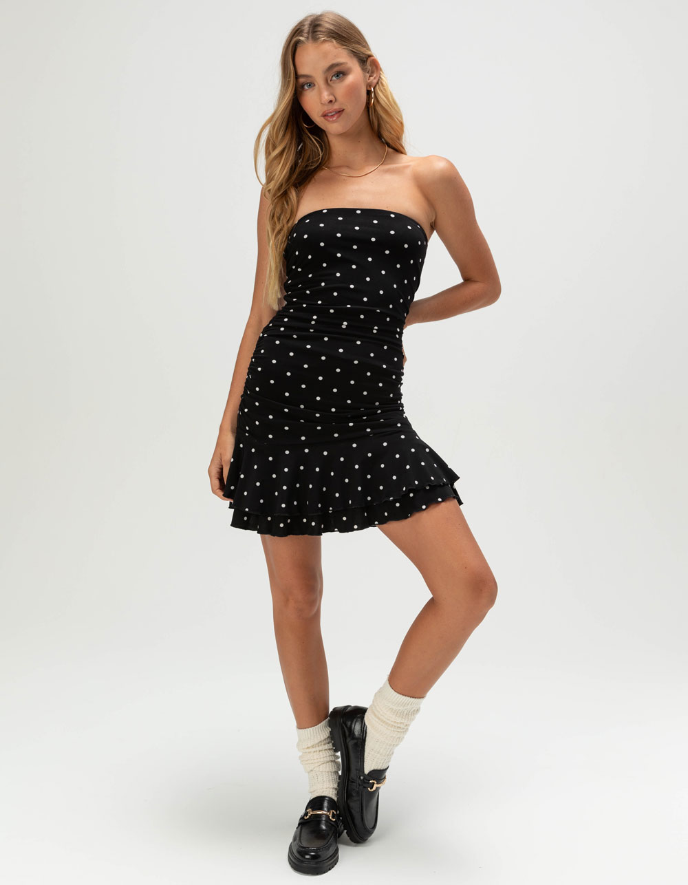 FULL TILT Polka Dot Womens Ruched Tube Dress - BLK/WHT