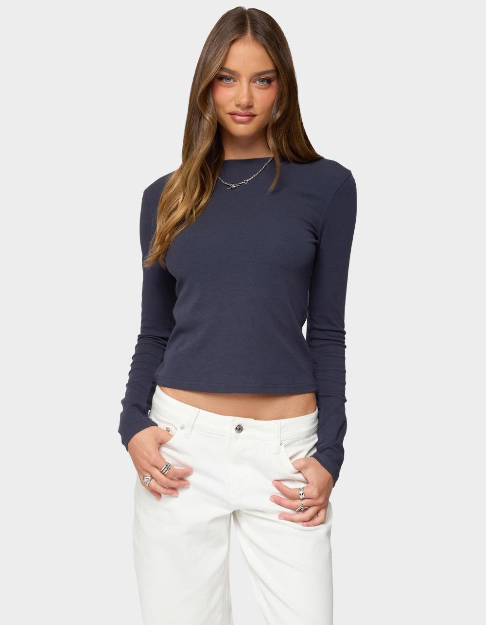 EDIKTED Kiyan Long Sleeve Tee - NAVY