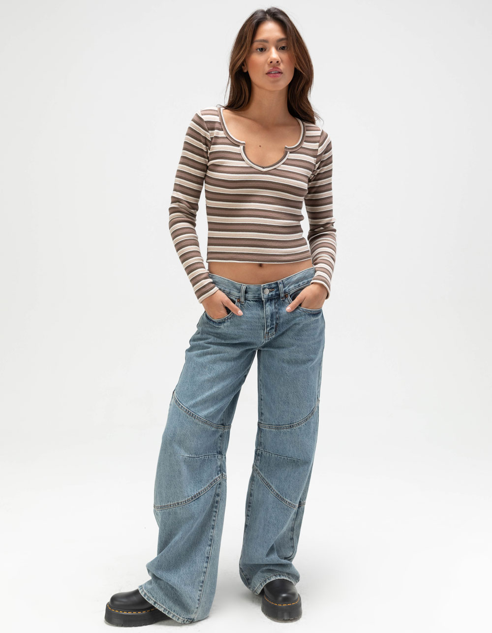 FULL TILT Notch Neck Stripe Womens Long Sleeve Rib Top