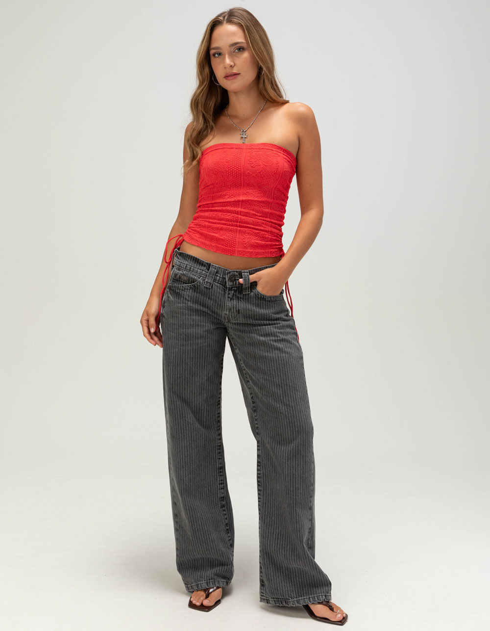 BDG Urban Outfitters Womens Seamless Ruched Tapestry Bandeau Top - RED