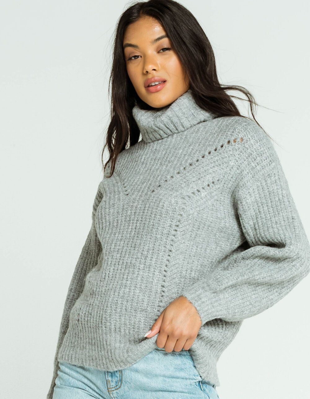 LUMIERE Transfer Stitch Turtleneck Womens Gray Sweater - GRAY | Tillys