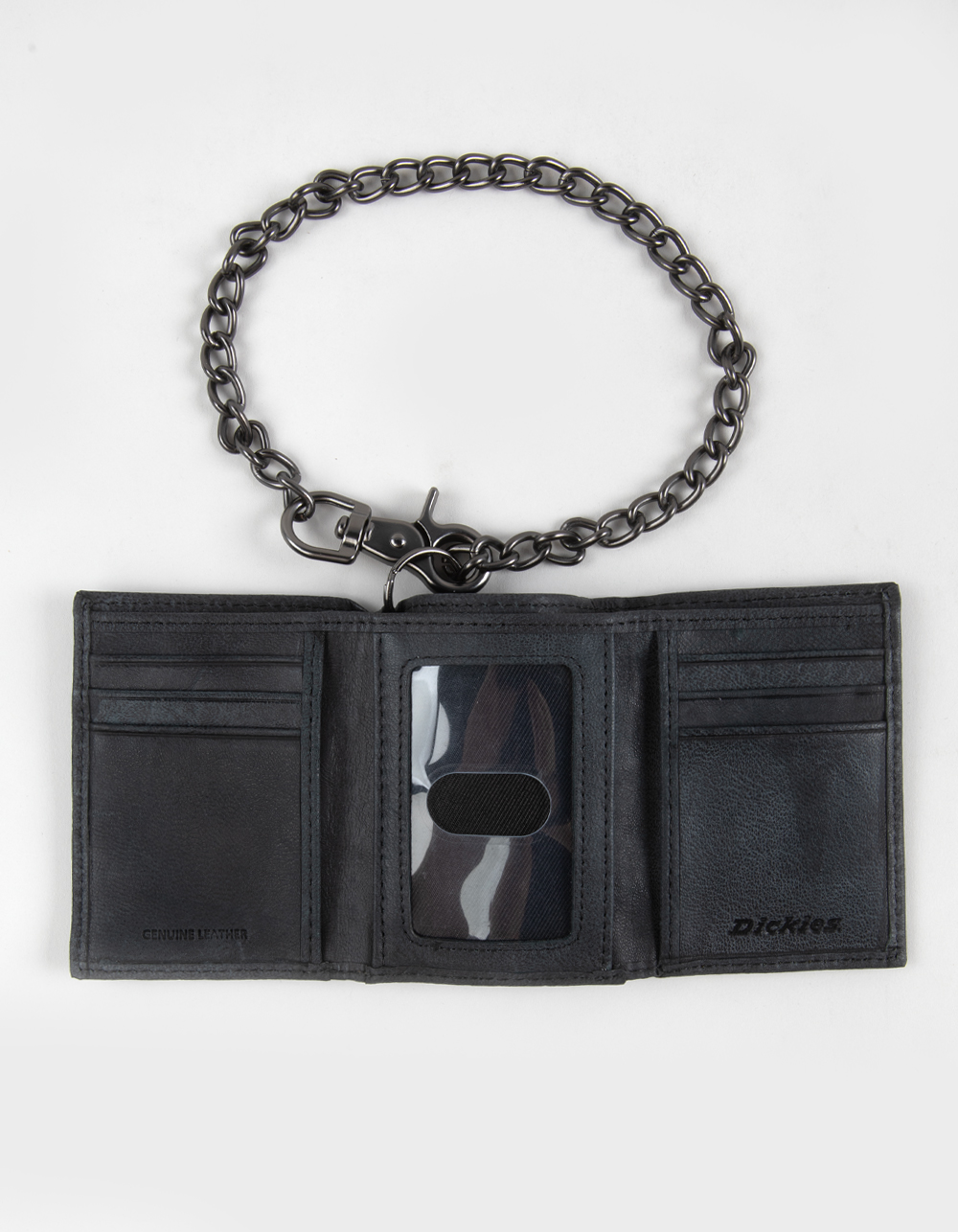 DICKIES Genuine Leather Trifold Wallet with Chain - BLACK