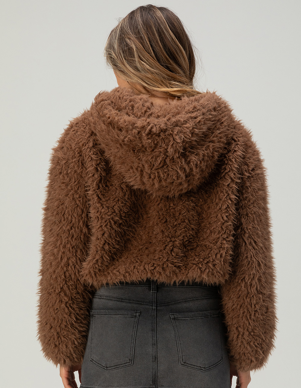 RSQ Womens Long Fur Hooded Jacket - TAN