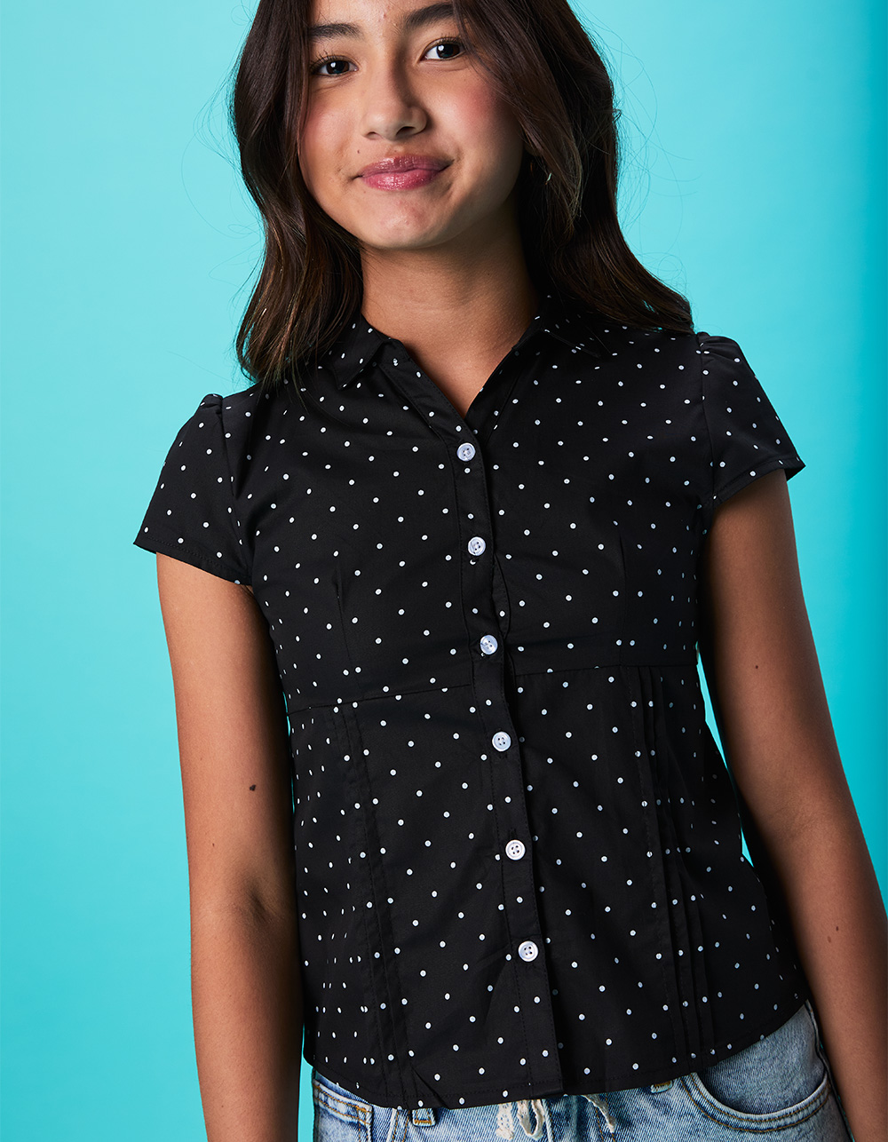 FULL TILT Girls Button Front Top - BLK/WHT