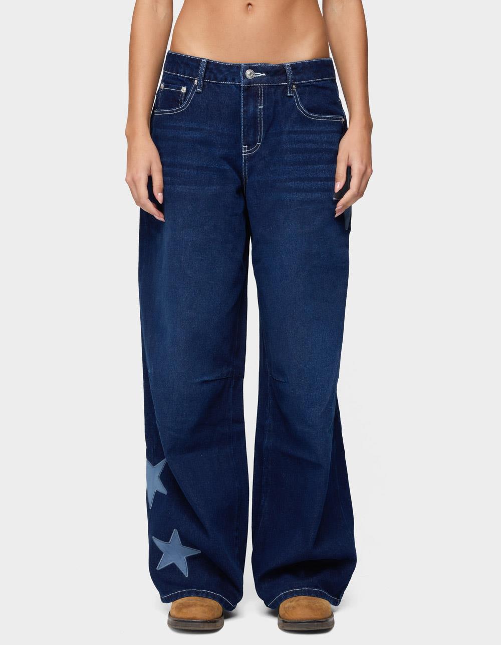 EDIKTED Trish Stars Low Rise Baggy Jeans - DARK BLUE