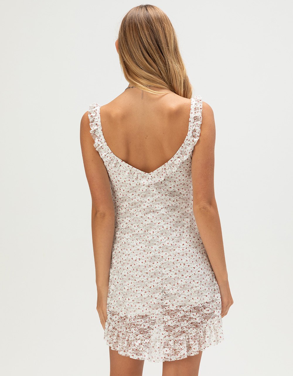 FULL TILT Womens Printed Lace Babydoll Dress - Cream Combo