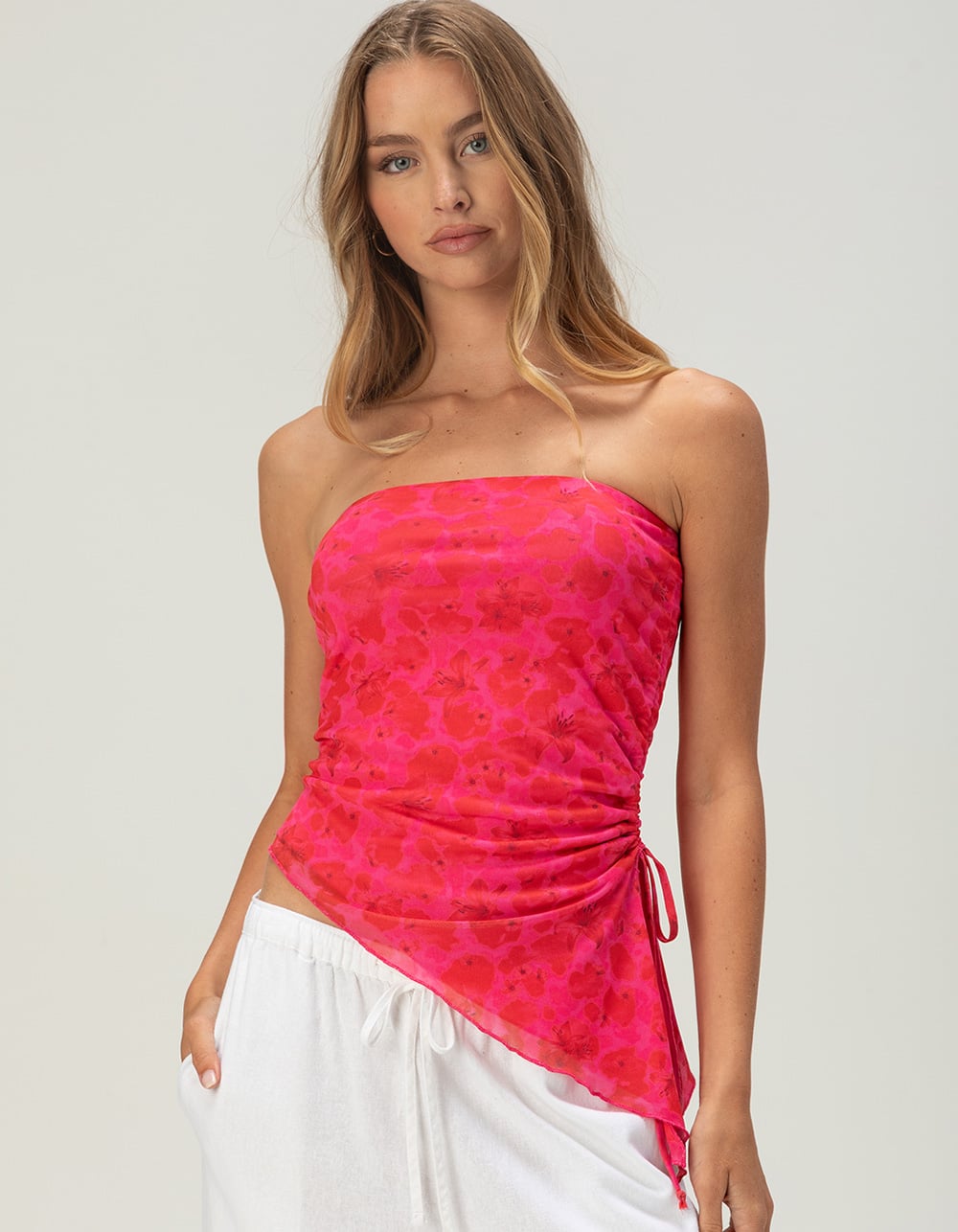 FULL TILT Womens Floral Cinch Tube Top - PINK