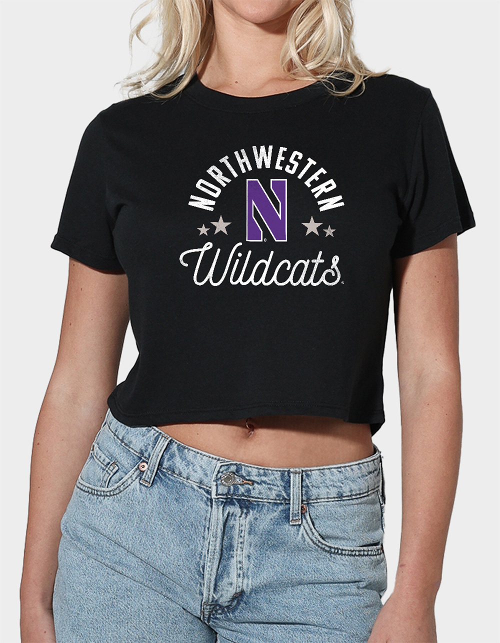 NORTHWESTERN UNIVERSITY Wildcats Womens Cropped Tee - BLACK