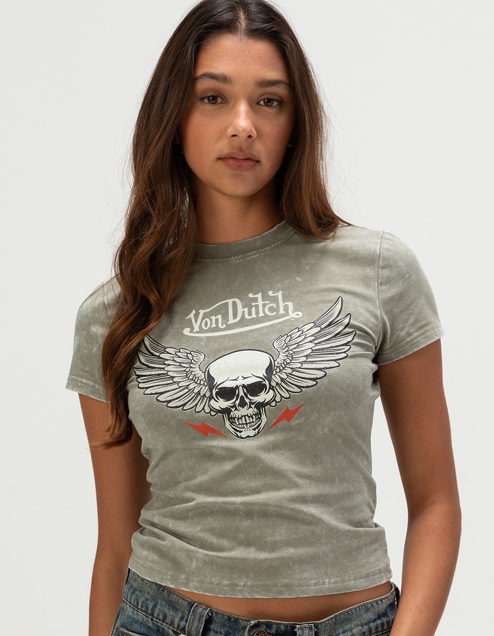 VON DUTCH Skull Womens Skimmer Tee - OLIVE