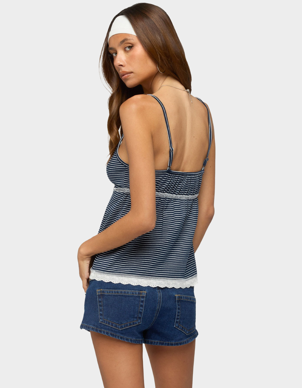 EDIKTED Eyelet & Striped Babydoll Tank Top - NAVY