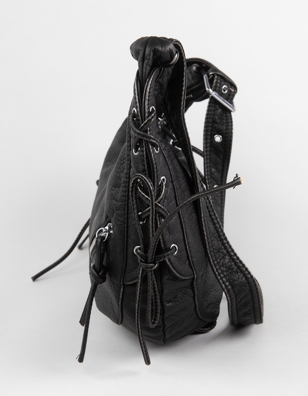 Washed Laced Shoulder Bag - BLACK