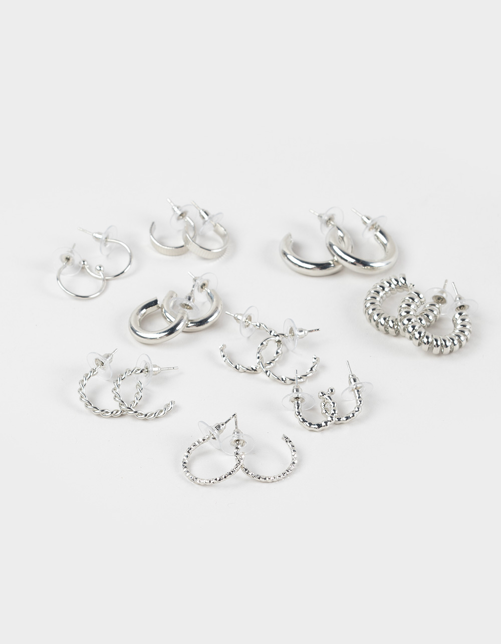 FULL TILT 9 Pack Textured Hoop Earrings - SILVER