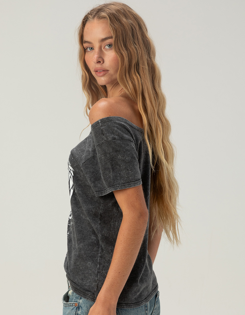 WEST COAST CHOPPERS Skull And Wings Womens Off The Shoulder Tee - WASHED BLACK