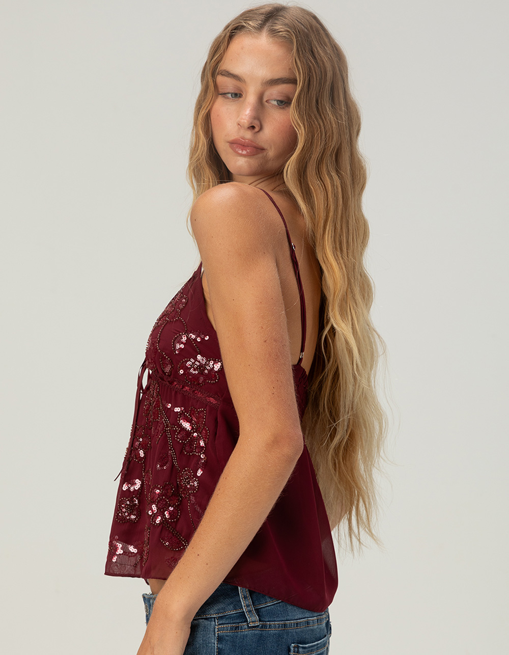 MADDEN GIRL Embellished Womens Babydoll Top - BURGUNDY