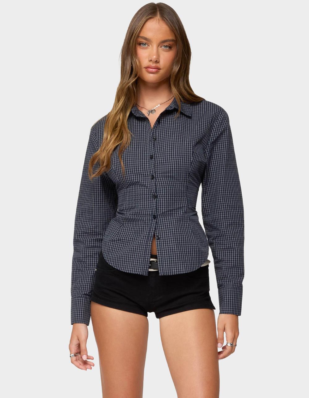 EDIKTED Lisbet Checkered Button Up Shirt - NAVY