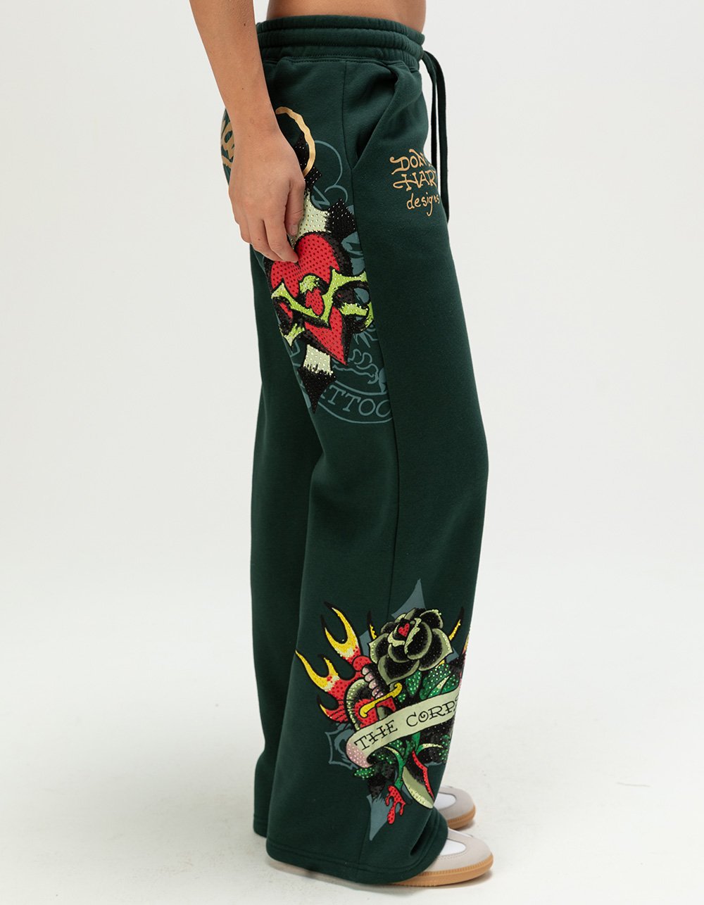 ED HARDY Sacred Heart Womens Rhinestone Sweatpants - HUNTER